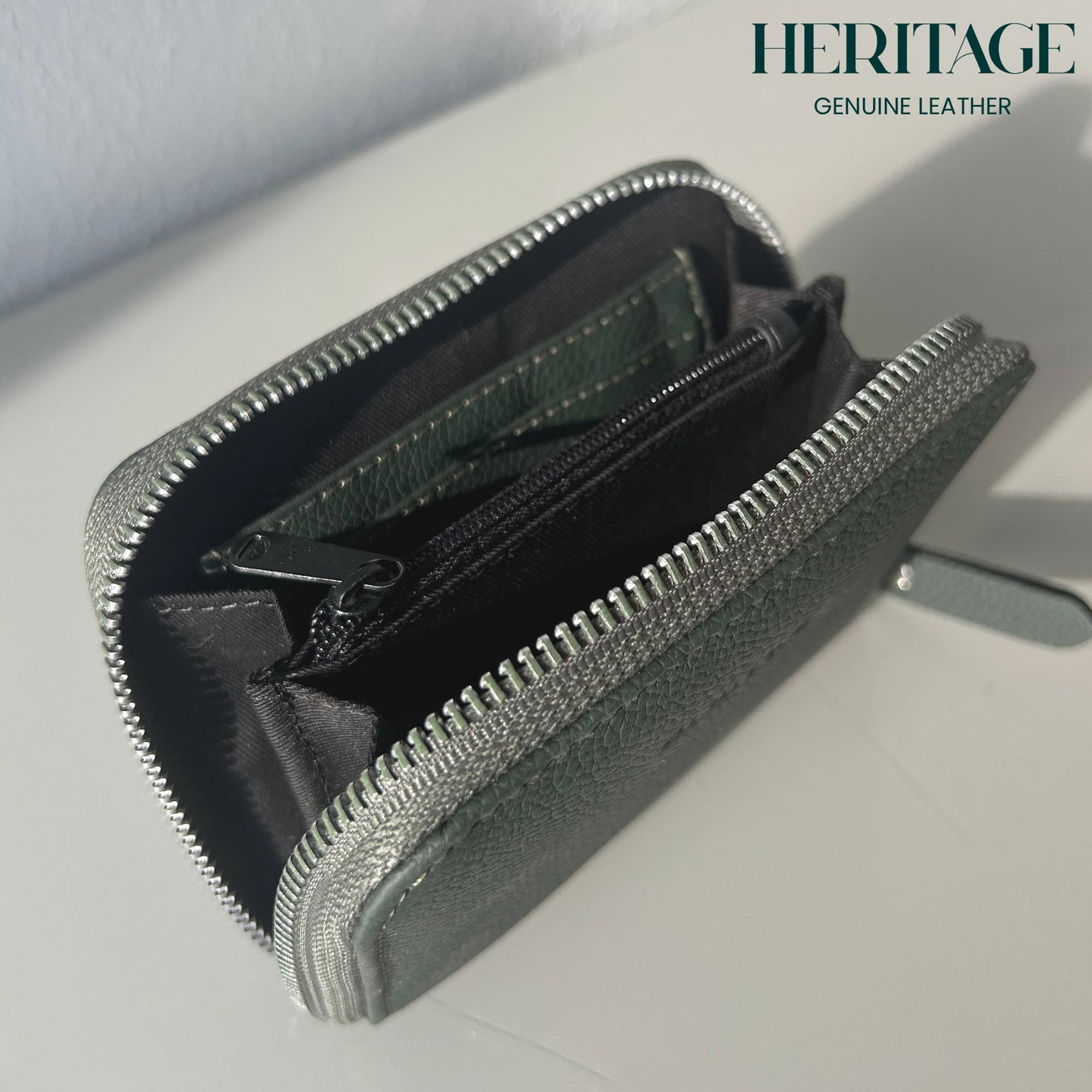 Billetera Pequeña con Cierre en Cuero Granulado Verde Heritage