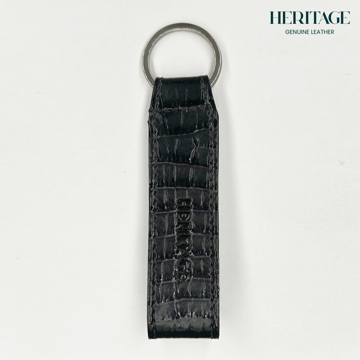 Llavero con Correa en Cuero Charol Negro Heritage