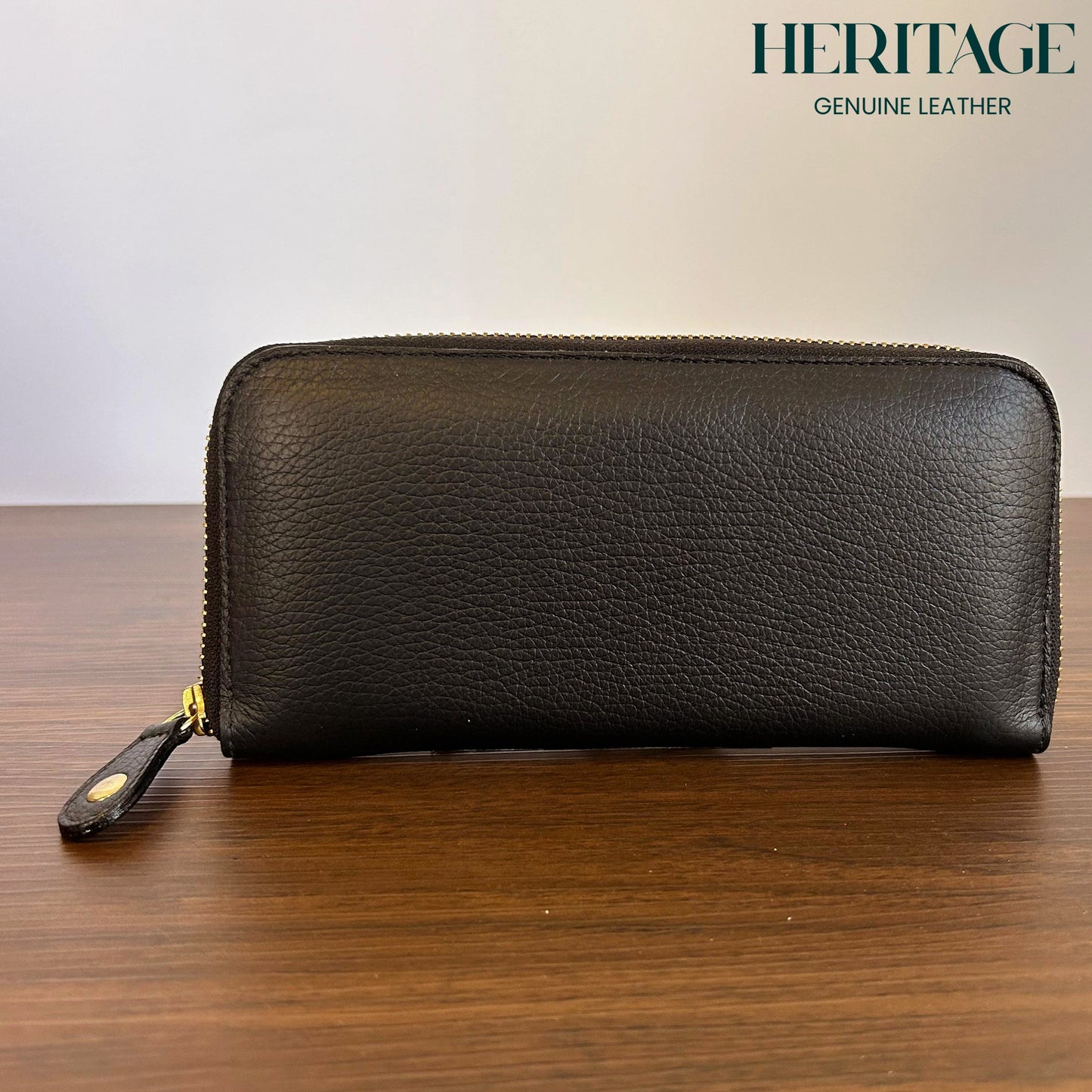 Billetera con Cierre para Dama en Cuero Granulado Negro Heritage