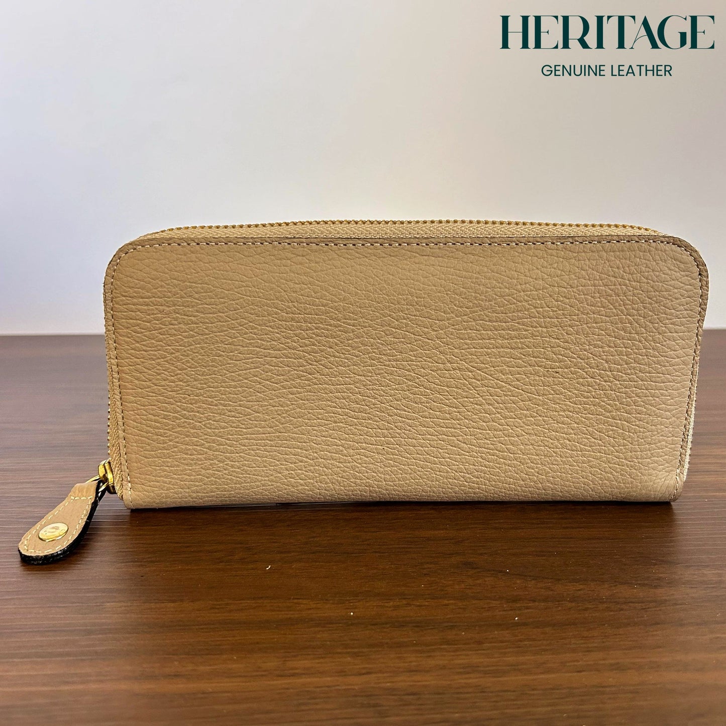 Billetera con Cierre para Dama en Cuero Granulado Taupe Heritage