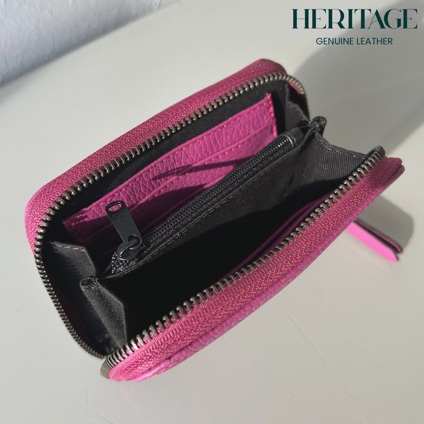 Billetera Pequeña con Cierre en Cuero Granulado Fucsia Heritage