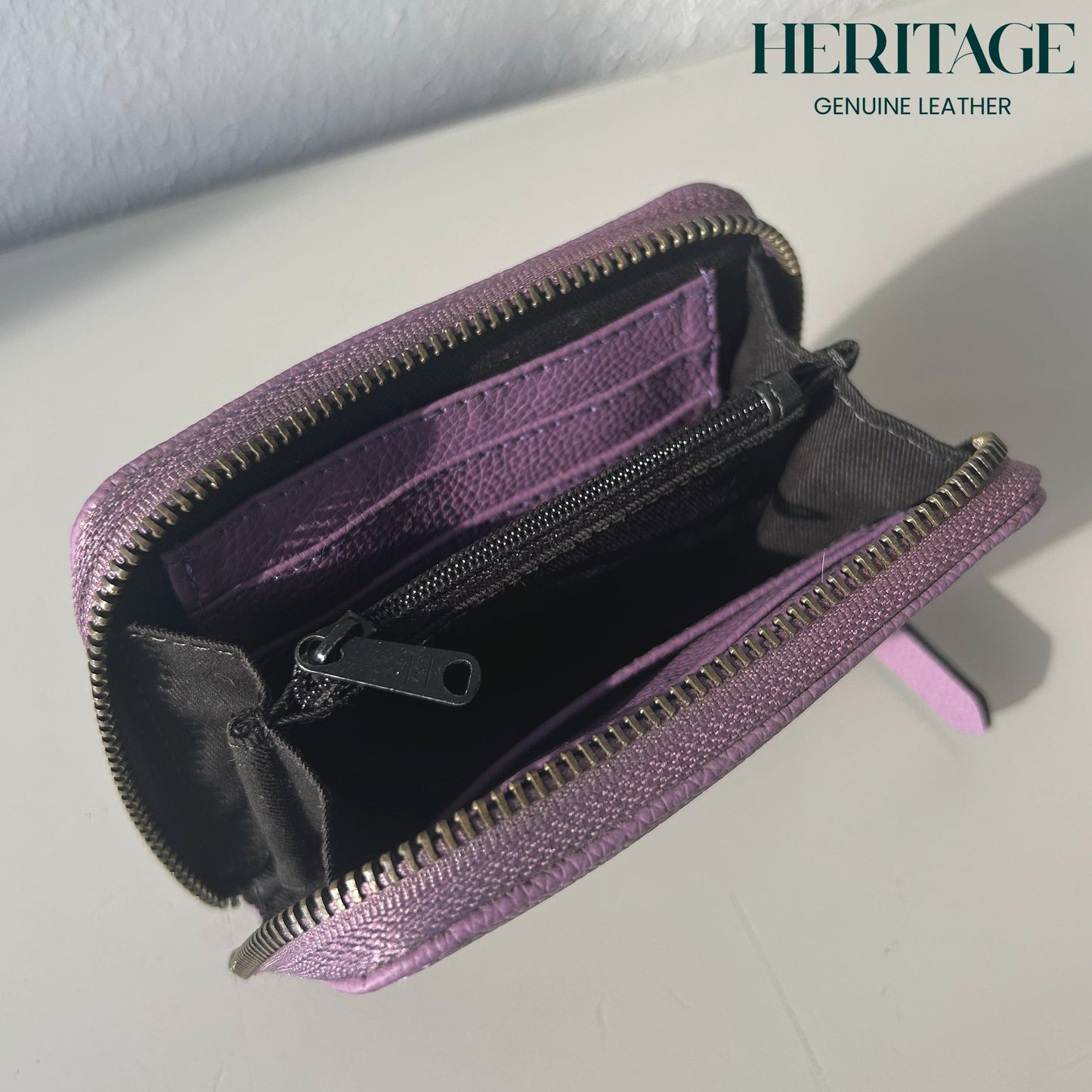 Billetera Pequeña con Cierre en Cuero Granulado Morado Heritage