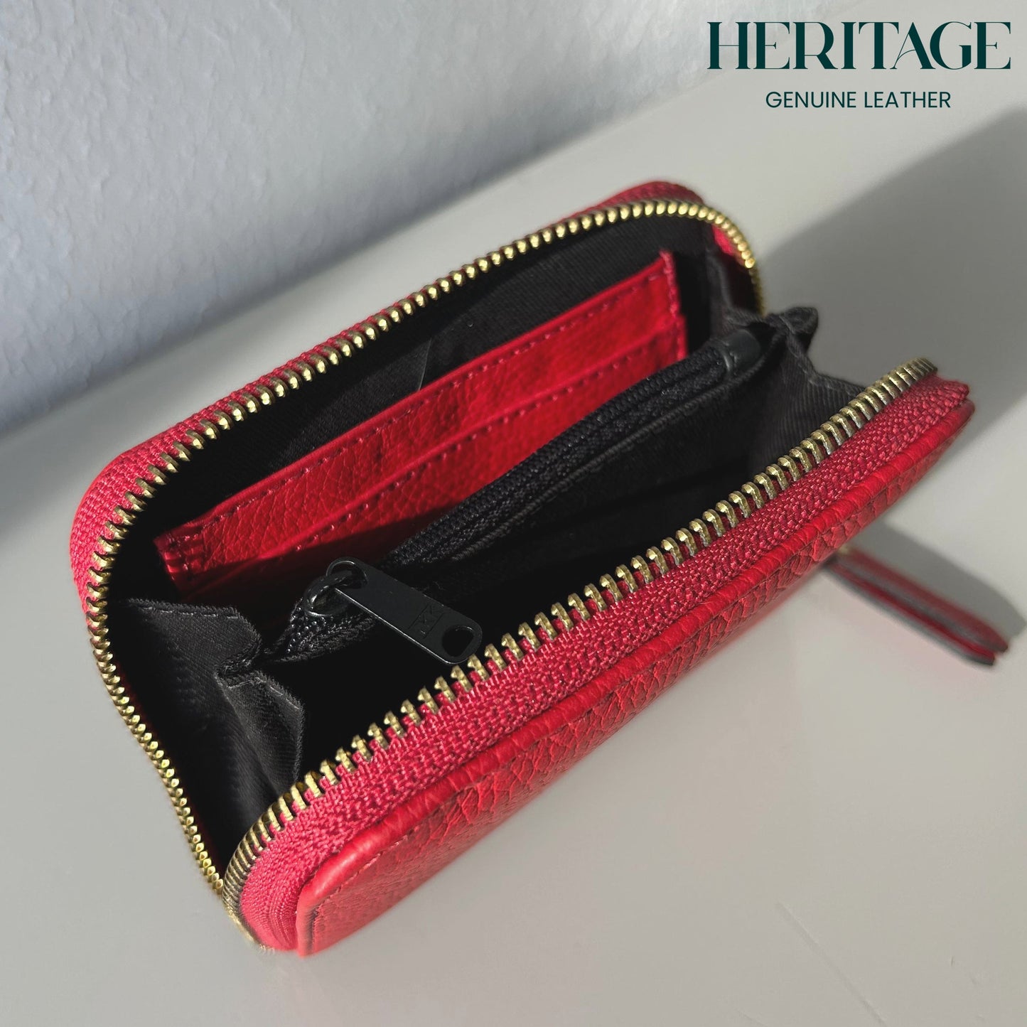 Billetera Pequeña con Cierre en Cuero Granulado Rojo Heritage