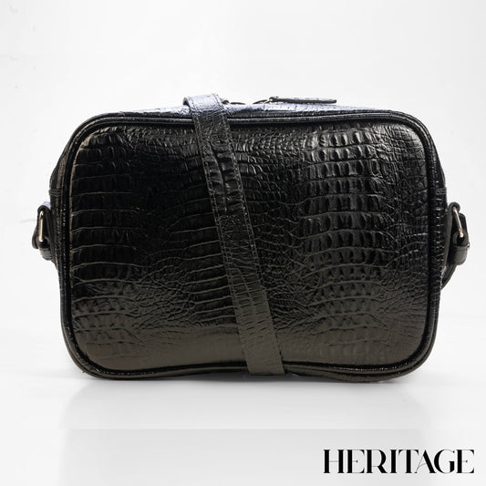 Camera Bag Mónaco Mediana en Cuero Charol Negro Heritage