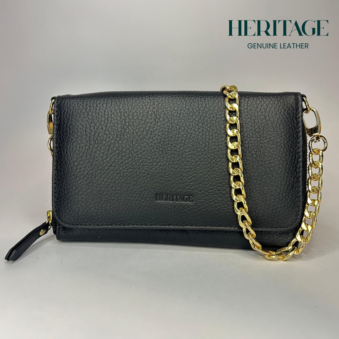 Cartera con Cadena Paris Cuero Granulado Negro Heritage