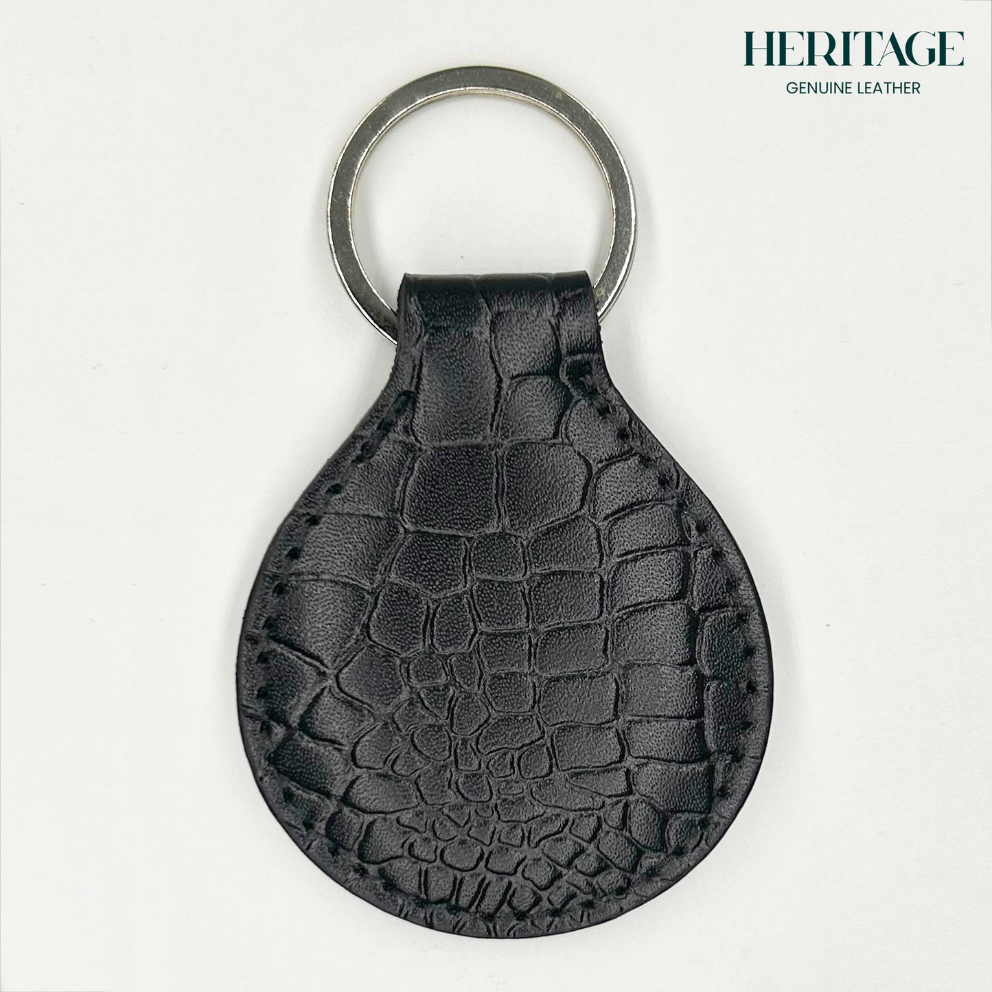 Llavero Redondo en Cuero Croco Negro Heritage