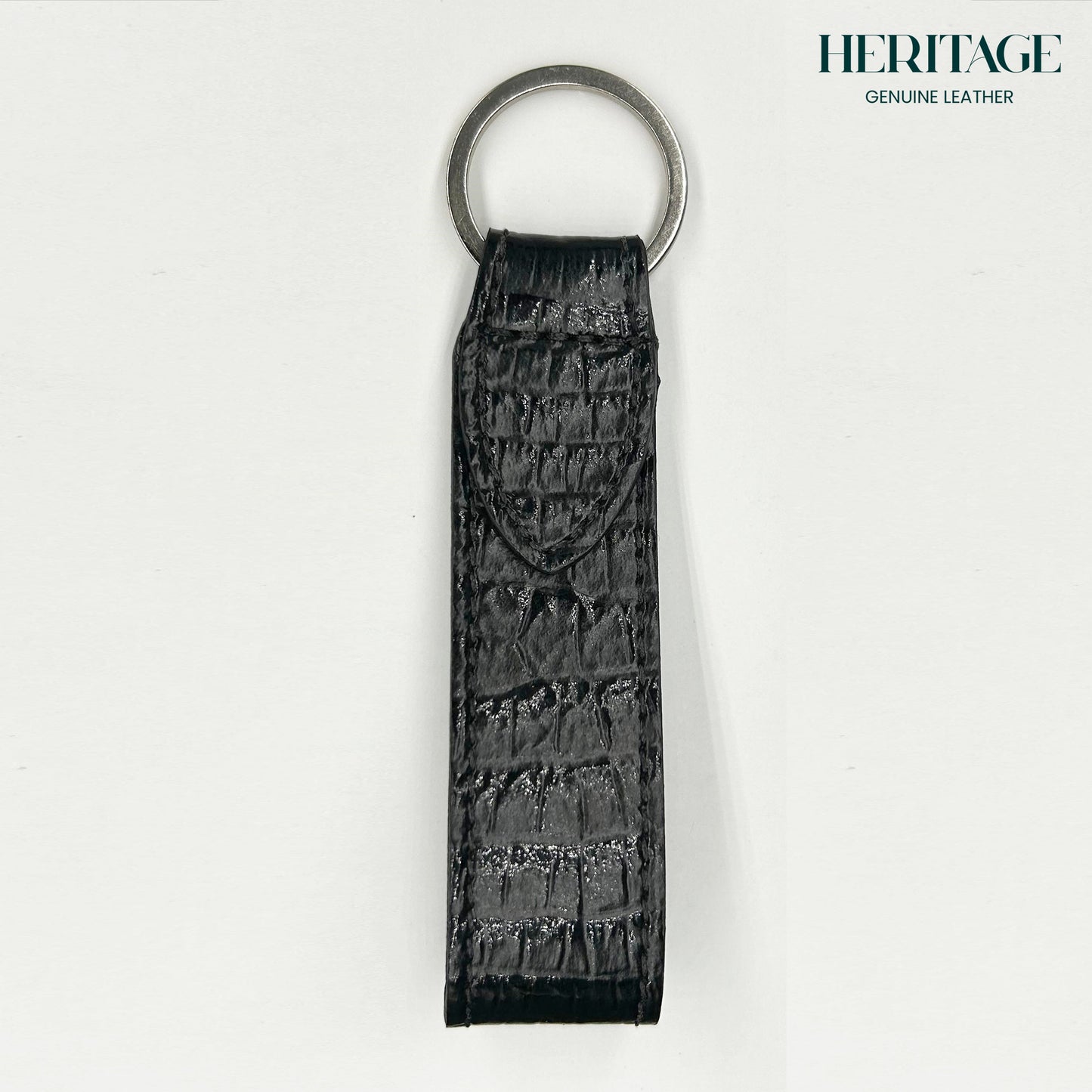 Llavero con Correa en Cuero Charol Negro Heritage