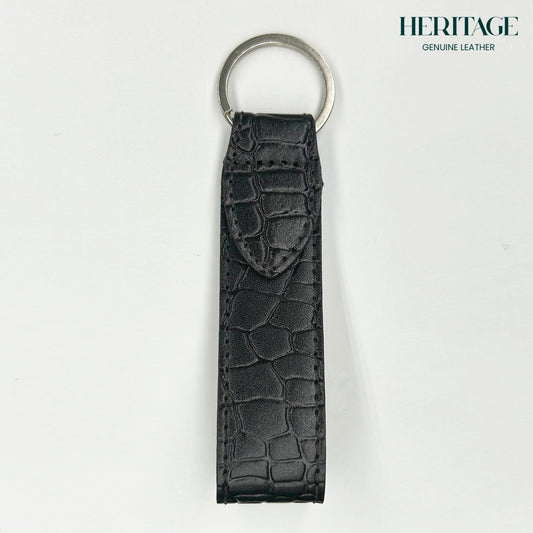 Llavero con Correa en Cuero Croco Negro
