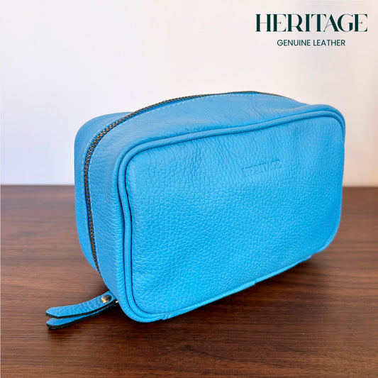 Neceser Cosmético en Cuero Granulado Celeste Heritage
