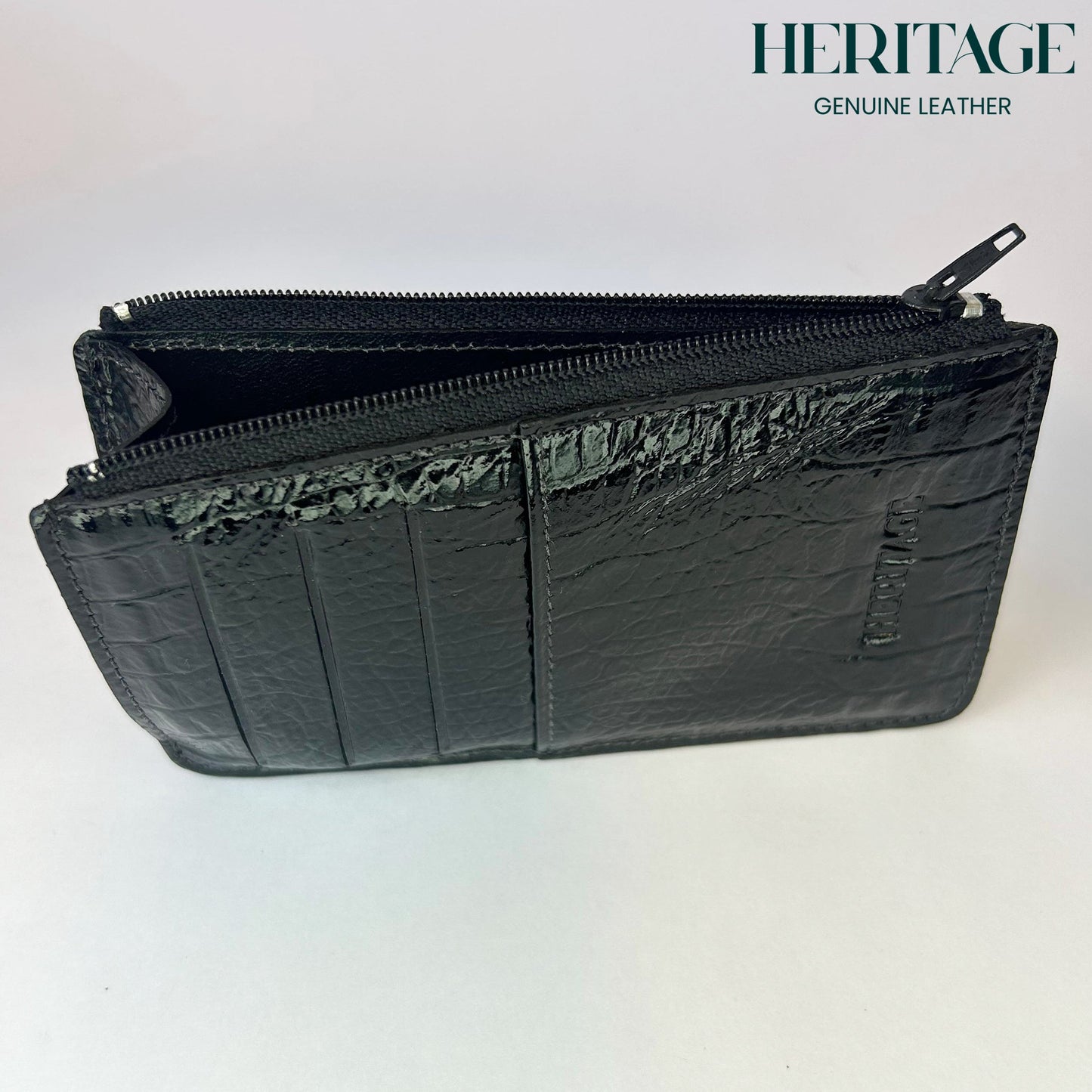 Tarjetero con Cierre en Cuero Charol Negro Heritage