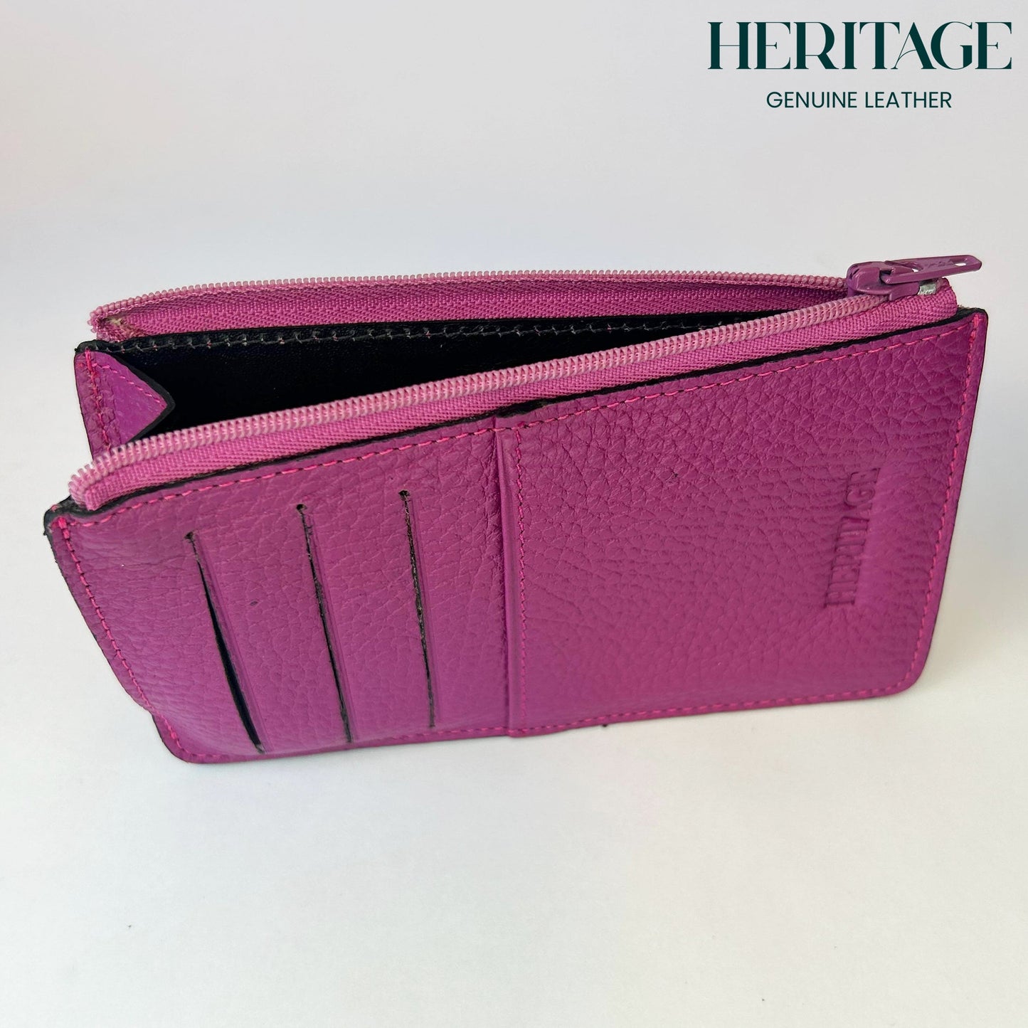 Tarjetero con Cierre en Cuero Granulado Fucsia Heritage
