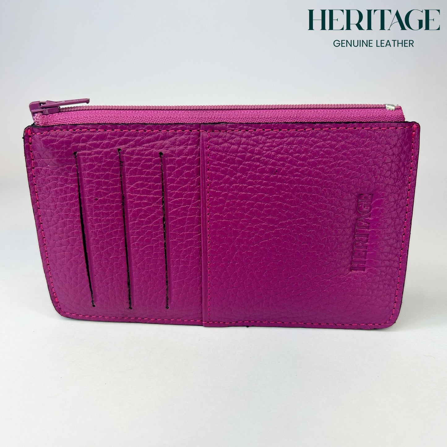 Tarjetero con Cierre en Cuero Granulado Fucsia Heritage